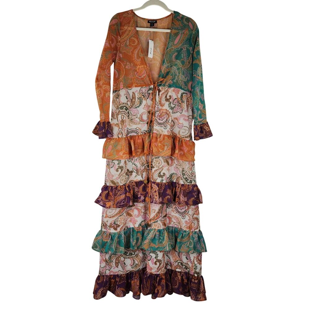 Nasty Gal Paisley Spliced Ruffle Tier Coin Trim Maxi Kimono Size 6 Western Boho